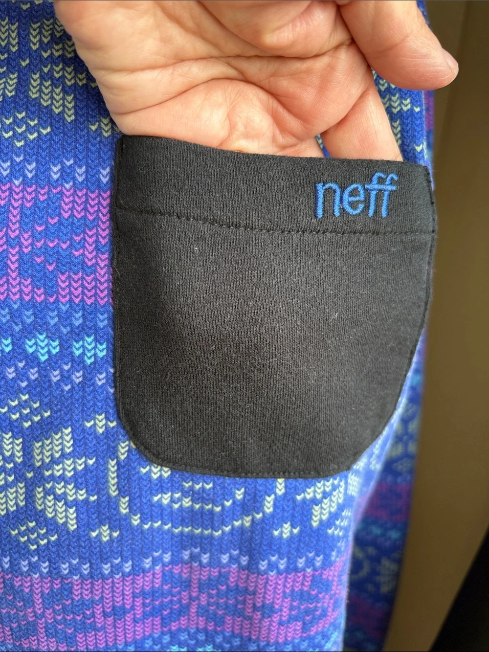 Neff Blue Fair Isle Crewneck Sweatshirt Front Pocket Streetwear Ski Medium